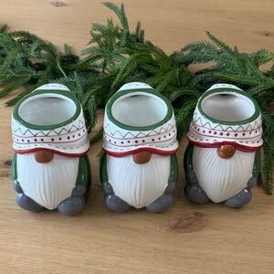 Pottery Barn Holiday 3 Gnome coffe mugs  - Green, Red, White, Gray